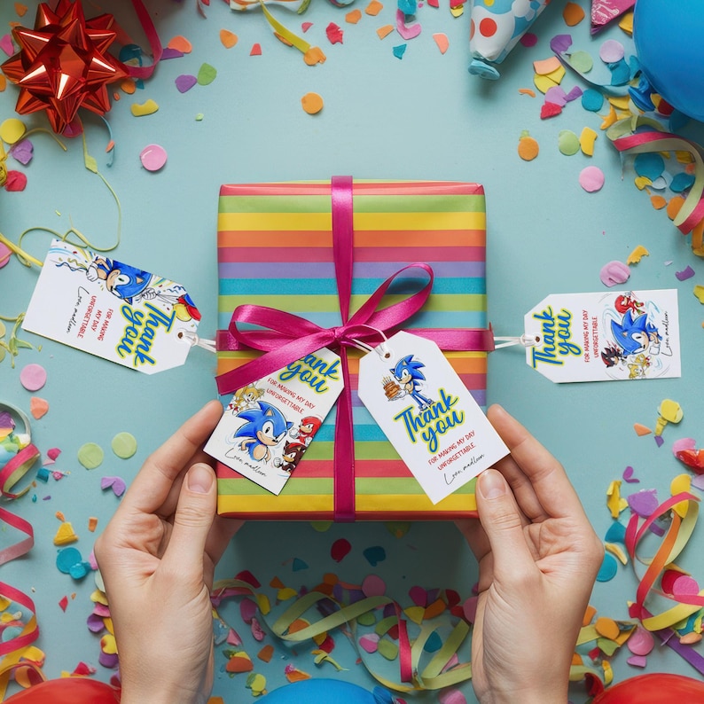 May include: A wrapped gift with a rainbow striped pattern, tied with a pink ribbon and bow. Attached are white gift tags with a Sonic the Hedgehog graphic and the words "Thank You" and "For making my day unforgettable."
