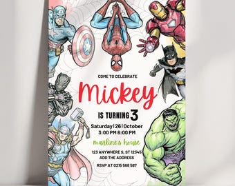 Editable Superhero Birthday Invitation Card Template, Avengers Digital Invitation, Bat Super Hero Party Invite Instant Download