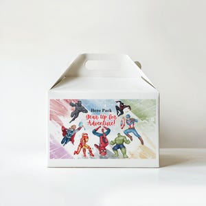 Superheld Geburtstagsgeschenk Box Label - Avengers Gastgeschenke Canva Template - Superheld Partydekoration Digital Download EPD04