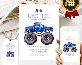 Blue Thunder Monster Truck Birthday Invitation with Thank You Tags (Digital Download)