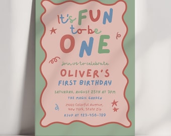 Fun to Be One Birthday Invitation, First Birthday Invite, Retro Pastel 1st Birthday Party, Colorful Modern Toddler Invite