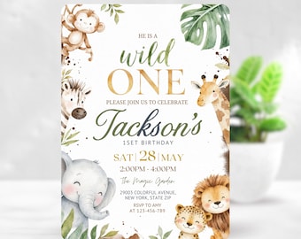 Wild One Birthday Invitation, Safari First Birthday Invite, Editable Jungle Birthday Party Invitation, Canva Template