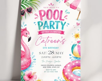 Pool Party Birthday Invitation, Flamingo Birthday Invite, Tropical Summer Pool Party, Pink Watercolor Girl Birthday Invitation