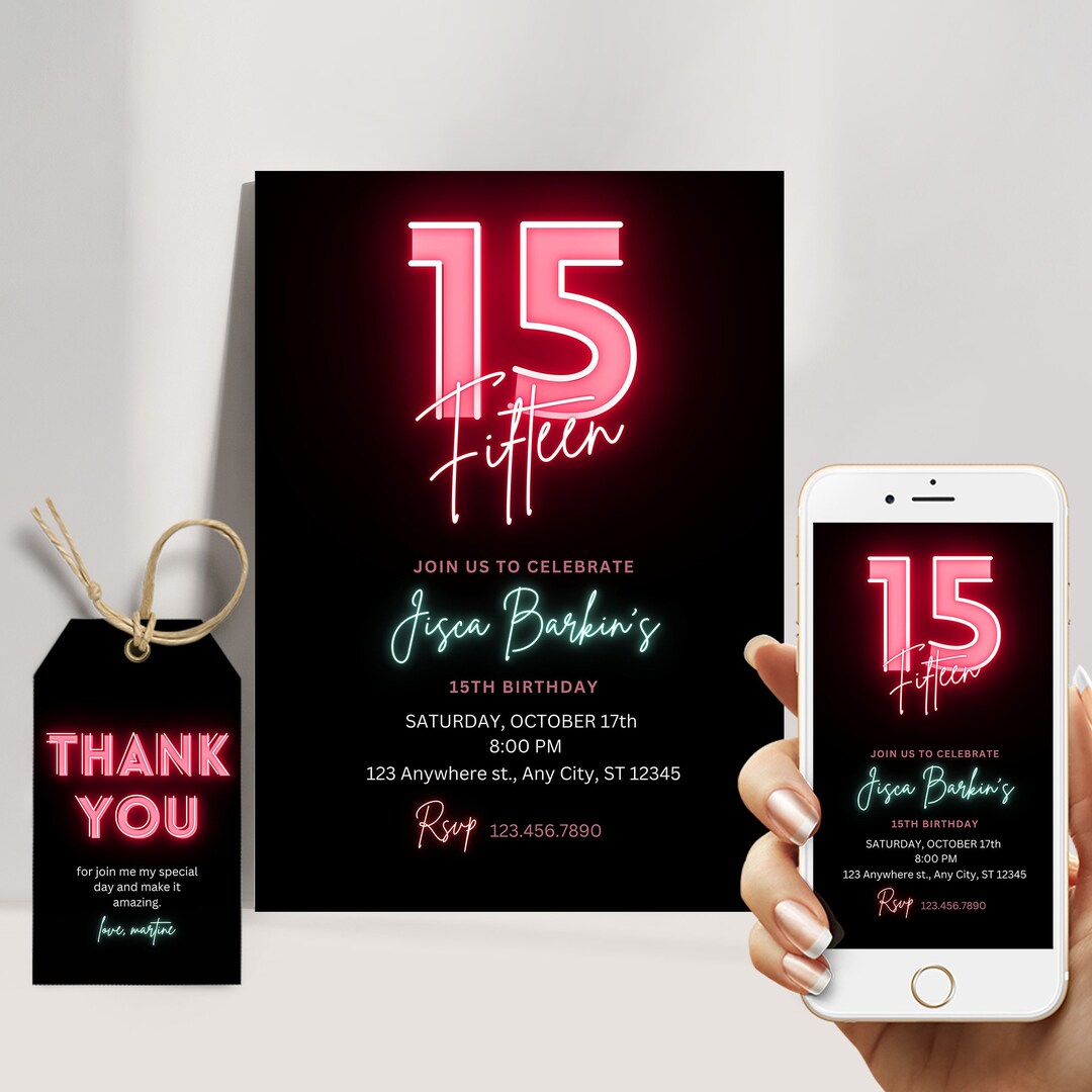 15th Birthday Neon Invitation, 15 Year Old Girl Birthday Invitation ...