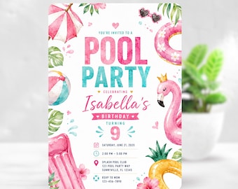 Pool Party Invitation Editable Summer Birthday Invite Pink Flamingo Pool Birthday Invitation Canva