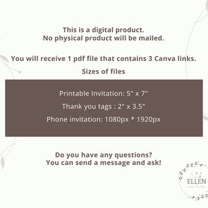 K&ouml;nnte beinhalten: Eine digitale Produktliste f&uuml;r druckbare Einladungen, Dankeskarten und Telefon-Einladungen. Die Liste enth&auml;lt die Gr&ouml;&szlig;en der einzelnen Artikel in Zoll und Pixel. Der Text lautet: "Dies ist ein digitales Produkt. Es wird kein physisches Produkt versandt. Sie erhalten 1 PDF-Datei, die 3 Canva-Links enth&auml;lt. Gr&ouml;&szlig;en der Dateien Druckbare Einladung: 5" x 7" Dankeskarten: 2" x 3.5" Telefon-Einladung: 1080px * 1920px Haben Sie Fragen? Sie k&ouml;nnen eine Nachricht senden und fragen!"