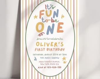 Fun to Be One Birthday Invitation, First Birthday Invite, Retro Striped 1st Birthday Party, Colorful Neutral Toddler Invite