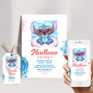 Convite para festa na piscina com ponto aquarela para meninas com etiquetas de agradecimento e convite por telefone | Modelo de aniversário de verão na praia do Canva para download instantâneo
