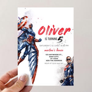 Modello modificabile di invito di compleanno di Capitan America Canva, invito di supereroi download istantaneo digitale, invito di compleanno di Avengers