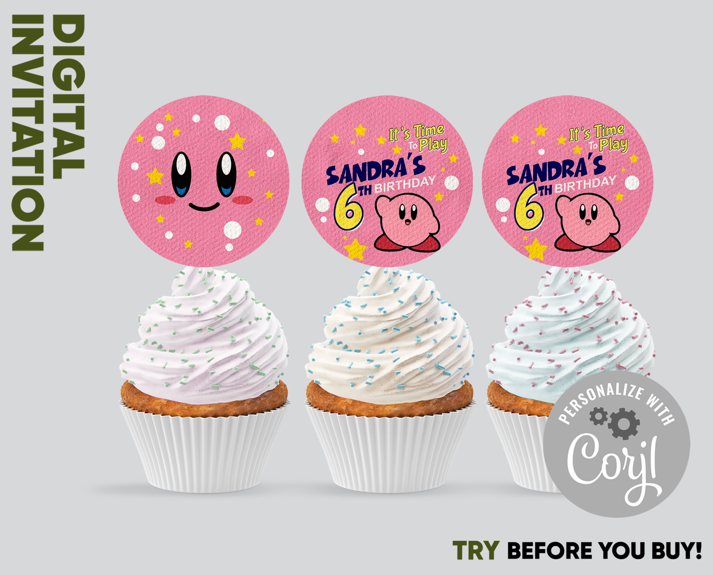 Editable Kirby Cupcake Toppers Birthday Party Cupcake Etsy UK