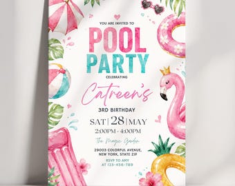 Pool Party Birthday Invitation, Flamingo Birthday Invite, Tropical Summer Pool Party, Pink Watercolor Girl Birthday Invitation