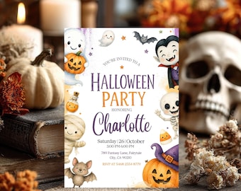Cute Halloween Invitation Template, Cute Spooky Party Invite, Ghost Pumpkin Vampire Kids Canva Editable