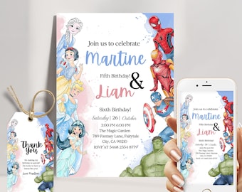 May include: A set of birthday party invitations and a tag featuring watercolor illustrations of Disney princesses and Marvel superheroes. The invitation includes the names Martine and Liam, the date, time, and location of the party. A smartphone displays the invitation.