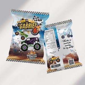 Szablon opakowania na urodzinową torbę z chipsami Monster Truck - Szablon Canva na przyjęcie Monster Truck - Pobieranie cyfrowe EPD01