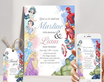 May include: A set of birthday party invitations and thank you tags featuring Disney princesses and Marvel superheroes. The invitation includes the names Martine and Liam, the date, time, and location. A smartphone displays the invitation.