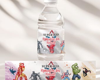 Superhero Birthday Water Bottle Labels - Superhero Party Favor Canva Template - Digital Download EPD04