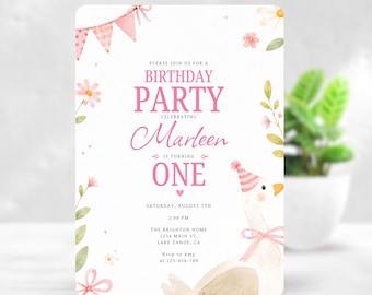 One Silly Goose Birthday Invitation (any age), Pink Goose First Birthday Invite, Editable Girl Birthday Party Canva Template