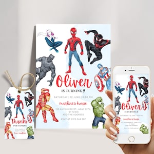 Modelo editável de convite de aniversário de super-herói, convite digital de super-herói dos Vingadores, cartão de convite de super-herói para download instantâneo