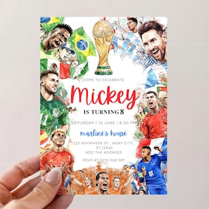 Inbjudan till fotbollsfödelsedag Redigerbar VM-festinbjudan Fotbollsfödelsedagsinbjudan Barnsportinbjudan Canvas
