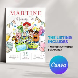 May include: A 5 x 7 inch printable invitation featuring the text MARTINE is turning Two, 19 June Saturday, 3:30 PM, 3219 Mayo St Richmond, KY 40475, and 123 5551230. The design includes colorful illustrations of cartoon characters, balloons, and bunting.