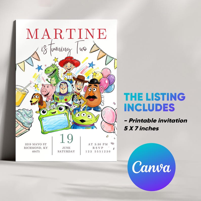 May include: A 5 x 7 inch printable invitation featuring the text MARTINE is turning Two, 19 June Saturday, 3:30 PM, 3219 Mayo St Richmond, KY 40475, and 123 5551230. The design includes colorful illustrations of cartoon characters, balloons, and bunting.