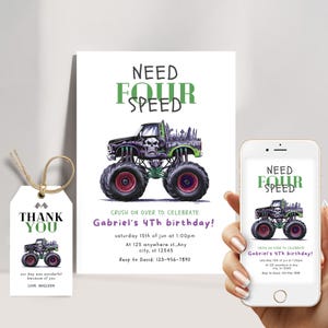 Uitnodiging met vier snelheden nodig, Monster Truck 4e verjaardagsuitnodiging, digitale verjaardagsdownload