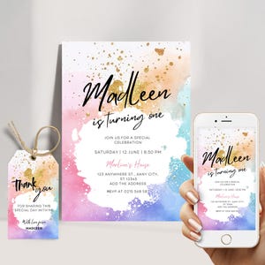Rainbow Birthday Invitation Colorful Watercolor Gold Glitter Sprinkles Ombre Pastel Invitation 1st 2nd 3rd Birthday Editable Invite