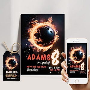 Bowling birthday invitation instant download with FREE thank you tag and phone invitation version