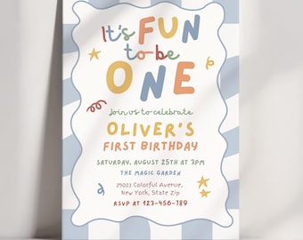 First Birthday Invitation with Photo, Fun to Be One Birthday Invite, Colorful Retro 1st Birthday Party Invitation, Modern Striped Design