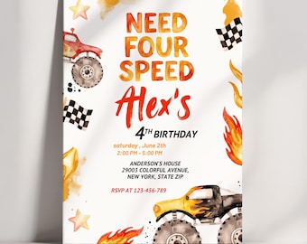 Need Four Speed Monster Truck Birthday Invitation Editable 4th Birthday Invite Watercolor Truck Canva