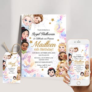 Convite de aniversário de princesas bebês, tema Halloween, modelo editável, convite digital de princesa, cartão de convite de Halloween para download instantâneo