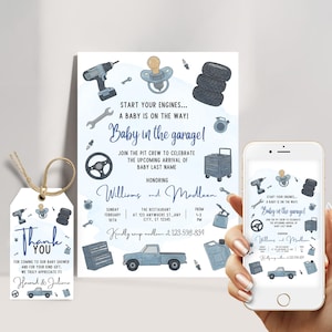 Invito per baby shower con meccanico di squadra, camion blu, attrezzi per auto, tema acquerello per baby shower, download digitale, clipart