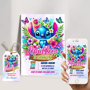 Gestickte Geburtstagseinladung digital, gestickte Einladung, lilo und sticheinladungsvorlage, Partyeinladung, sticheinladung für Mädchen