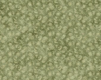 May include: A sage green fabric featuring a repeating pattern of small, light-colored floral sprigs and delicate botanical elements. The surface has a subtle, mottled texture with varying shades of green, creating a soft, organic appearance.