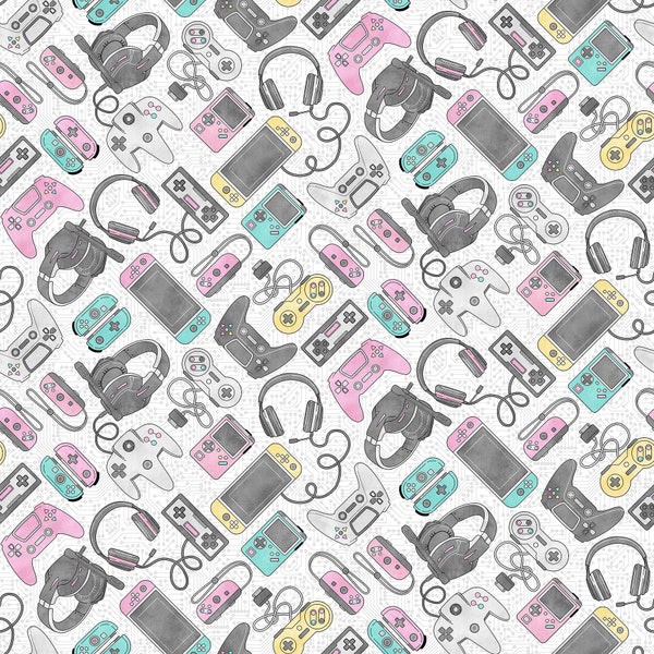 Northcott's Gaming Zone - White Controllers (24570-10) - 44/45" Cotton Quilting Fabric - sold by the yard