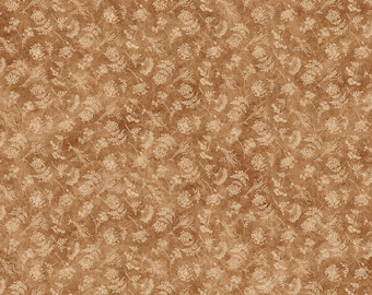May include: A medium brown fabric featuring a repeating pattern of small, off-white floral sprigs and delicate botanical elements. The textile displays a consistent, dense arrangement of these light-colored plant motifs across the entire surface.