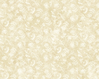 May include: A light beige fabric featuring a repeating pattern of white floral motifs, including small blossoms and delicate leafy stems arranged in a dense, continuous design across the entire surface of the material.
