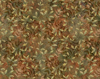 May include: A repeating pattern of small, pointed leaves in shades of light green, yellow, and brown, set against a textured, mottled background of deep rust, dark brown, and muted olive tones, creating a dense, layered botanical surface design.