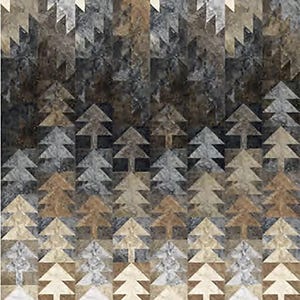 May include: Abstract geometric pattern quilt with a gradient of brown, gray, and white triangles. The triangles are arranged in a repeating pattern to create a visual illusion of rows of trees.
