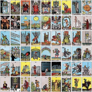 May include: A full deck of 78 tarot cards with colorful illustrations and gold accents. The cards are arranged in rows and columns, showing all the major and minor arcana cards.