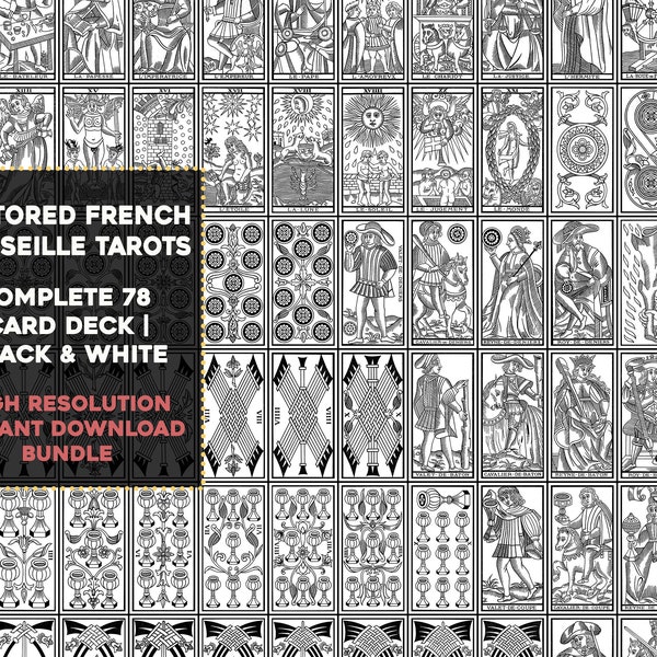Complete Restored French Marseille Black & White Tarot Deck Instant Download Digital Bundle High Resolution Wall Art Printable Astrology
