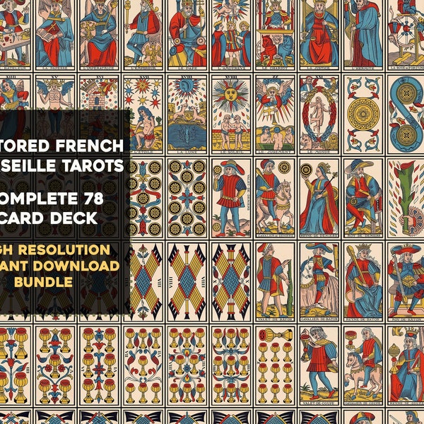 Restored French Marseille Complete Tarot Deck Instant Download Digital Bundle High Resolution Image Wall Art Printable Astrology Zodiac