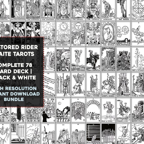 Complete Set Rider Waite Smith Black and White Tarot Card Deck | High Resolution Image Bundle Instant Download | Printable Wall Art Collage