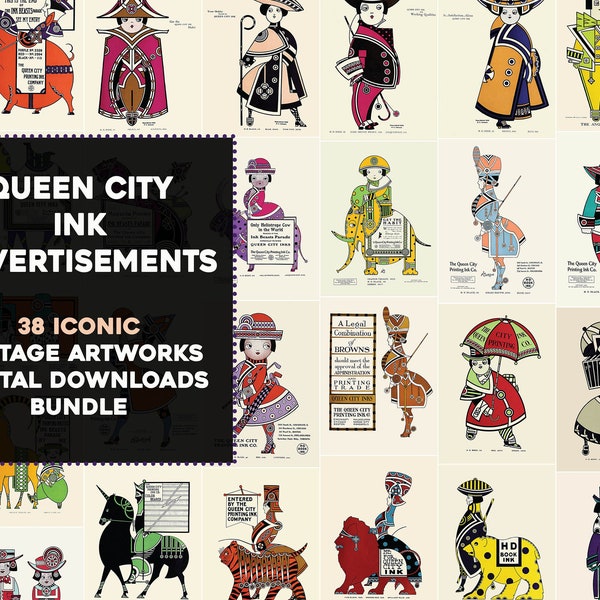 38 Queen City Ink Advertisements Printable Wall Art HQ Image Bundle Vintage Graphic Poster Instant Digital Download Commercial Use