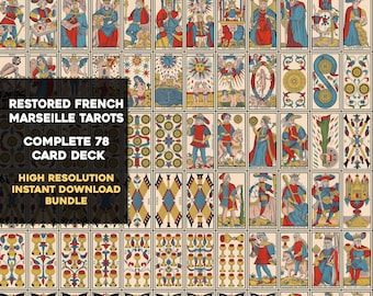 Restored French Marseille Complete Tarot Deck Instant Download Digital Bundle High Resolution Image Wall Art Printable Astrology Zodiac