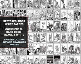 Complete Set Rider Waite Smith Black and White Tarot Card Deck | High Resolution Image Bundle Instant Download | Printable Wall Art Collage