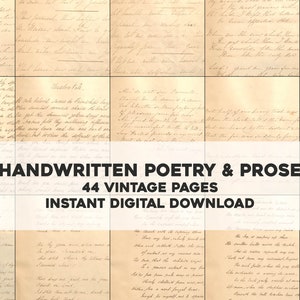 44 Antigo Manuscrito Manuscrito Poesia Prosa Páginas Script | Pacote de imagens de papel artesanal | Download digital instantâneo para uso comercial