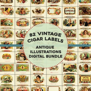 May include: A digital bundle of 82 vintage cigar labels. The labels feature antique illustrations and are perfect for crafting and scrapbooking projects.