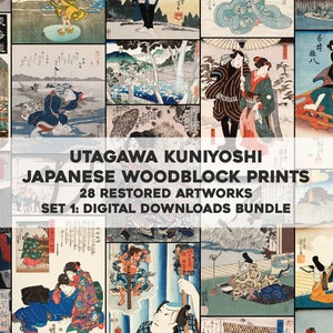 28 japońskich drzeworytów Kuniyoshi Kabuki Samurai | Pakiet obrazów HQ Wydrukowana sztuka ścienna | Natychmiastowe pobieranie cyfrowe Wykorzystanie komercyjne 1