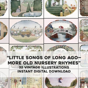 32 illustraties uit een kinderliedjesboek | Vintage afdrukbare muurkunstbundel voor kinderen | Digitaal downloaden voor commercieel gebruik